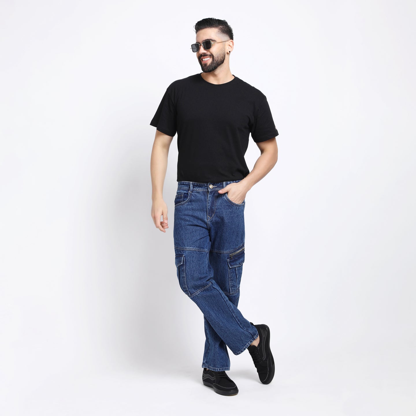 DARK BLUE BAGGY CARGO FIT JEANS 4786-1